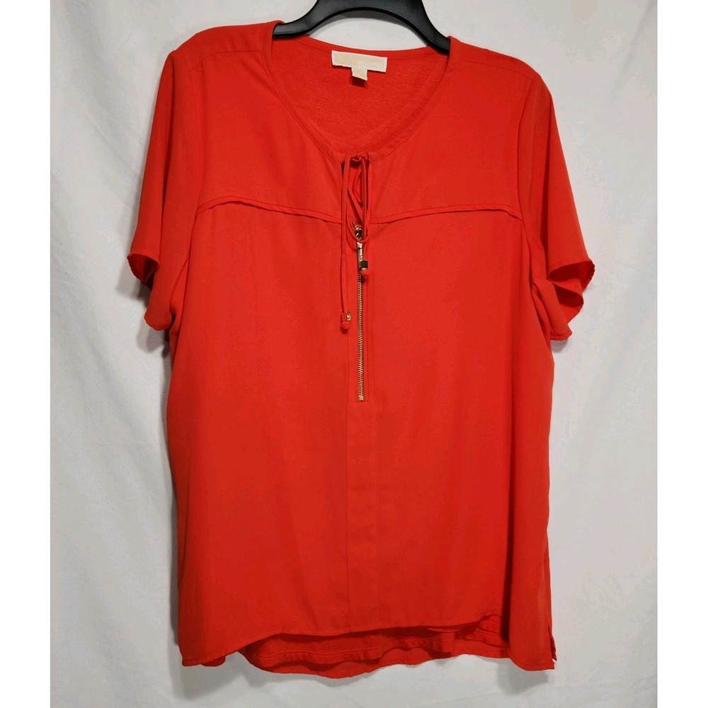 Michael Kors Womens Short Sleeve Blouse‎ Top Size 12 Coral Zipper Tie Front